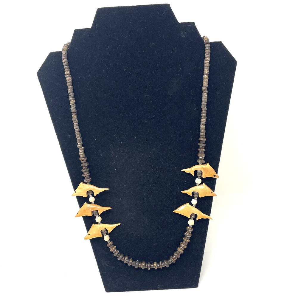 Vintage Wood Necklace‎ Dolphin Beads Bohemian Beach Statement Resortwear Coastal